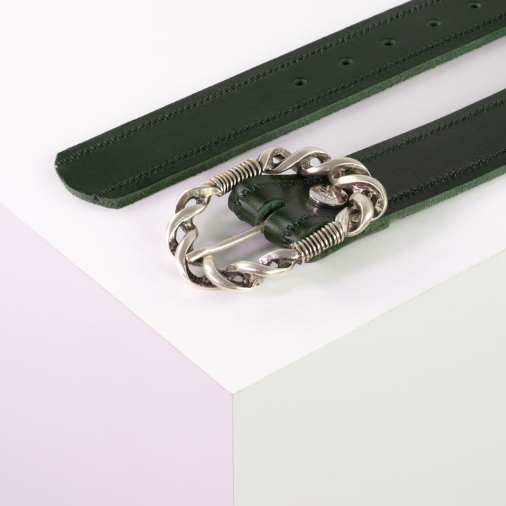 Ledergürtel 4cm mit Schnalle Gewickelter Knoten silber grün Reißverschluss