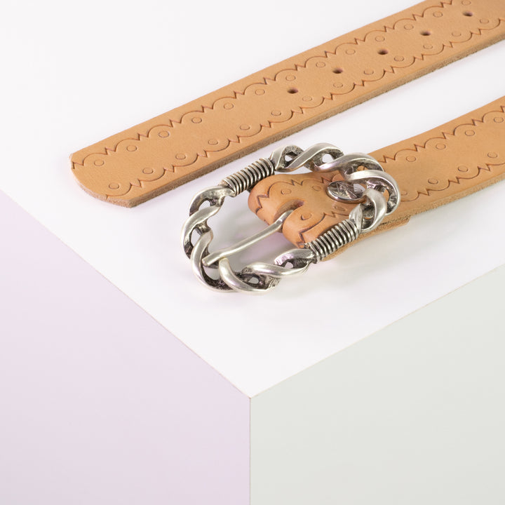 Ledergürtel 4cm mit Schnalle Gewickelter Knoten silber natur Lochwelle