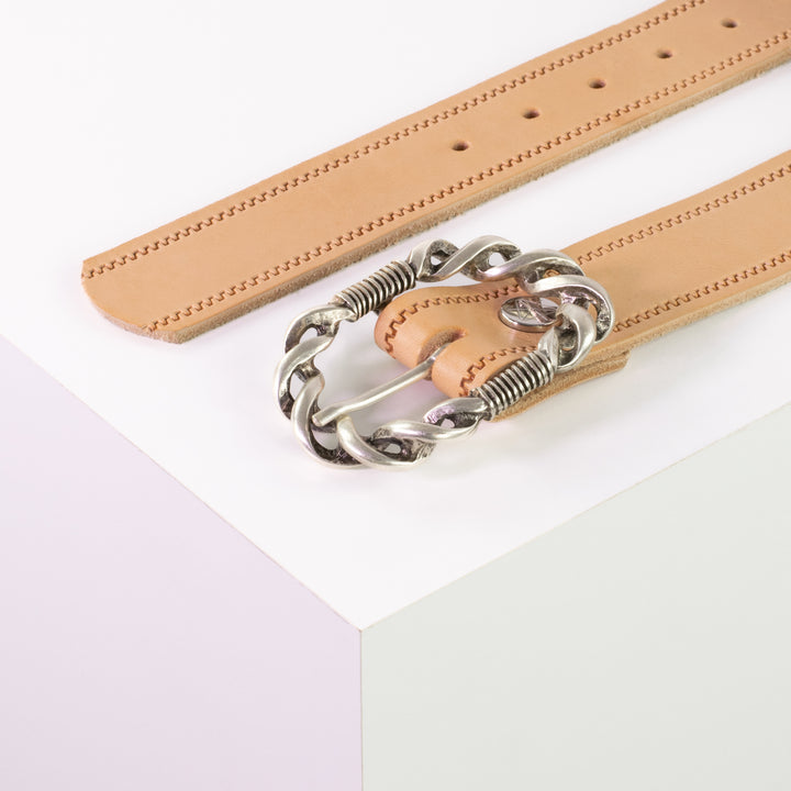 Ledergürtel 4cm mit Schnalle Gewickelter Knoten silber natur Reißverschluss