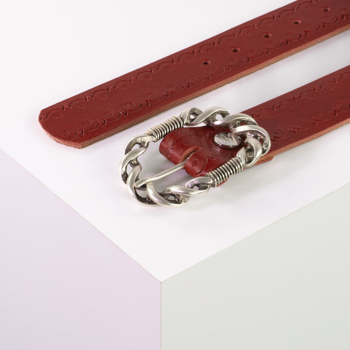 Ledergürtel 4cm mit Schnalle Gewickelter Knoten silber rot Lochwelle