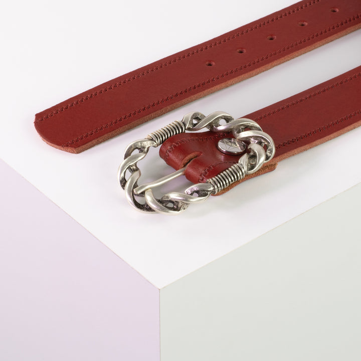 Ledergürtel 4cm mit Schnalle Gewickelter Knoten silber rot Reißverschluss