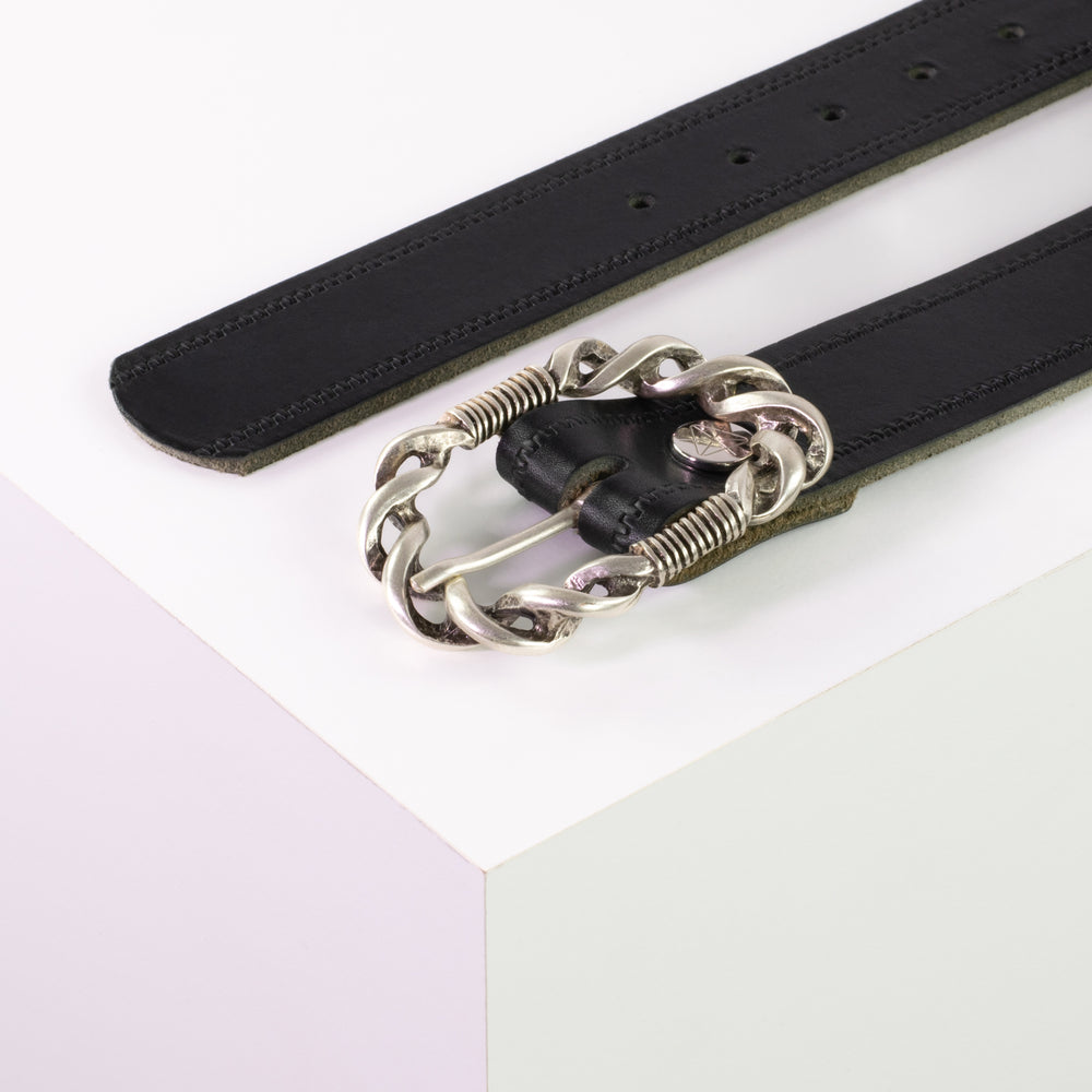 Ledergürtel 4cm mit Schnalle Gewickelter Knoten silber schwarz Reißverschluss