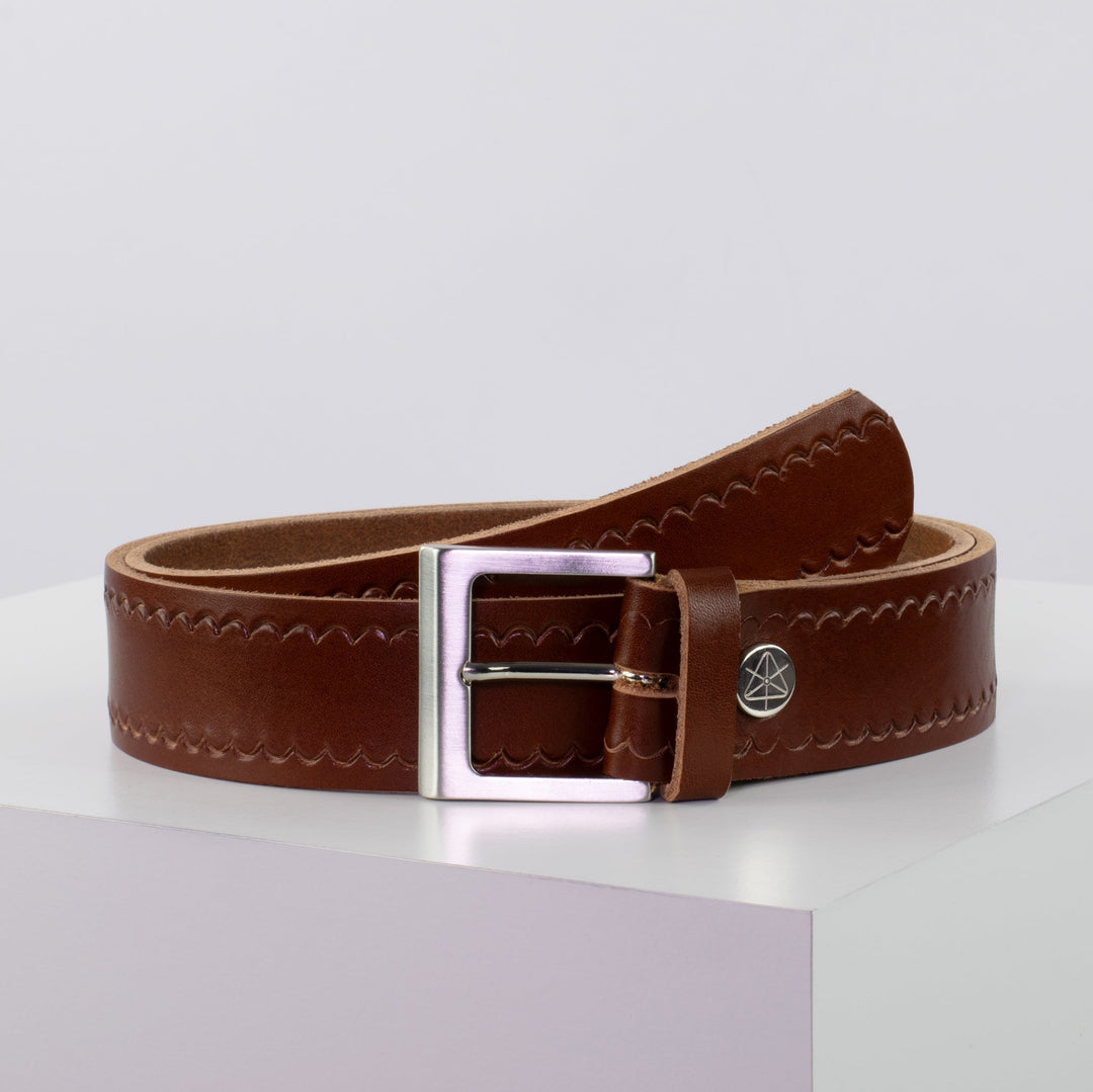 Ledergürtel 4cm mit Schnalle Graz silber glänzend cognac kleine Welle