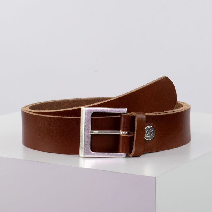 Ledergürtel 4cm mit Schnalle Graz silber matt cognac ohne Muster