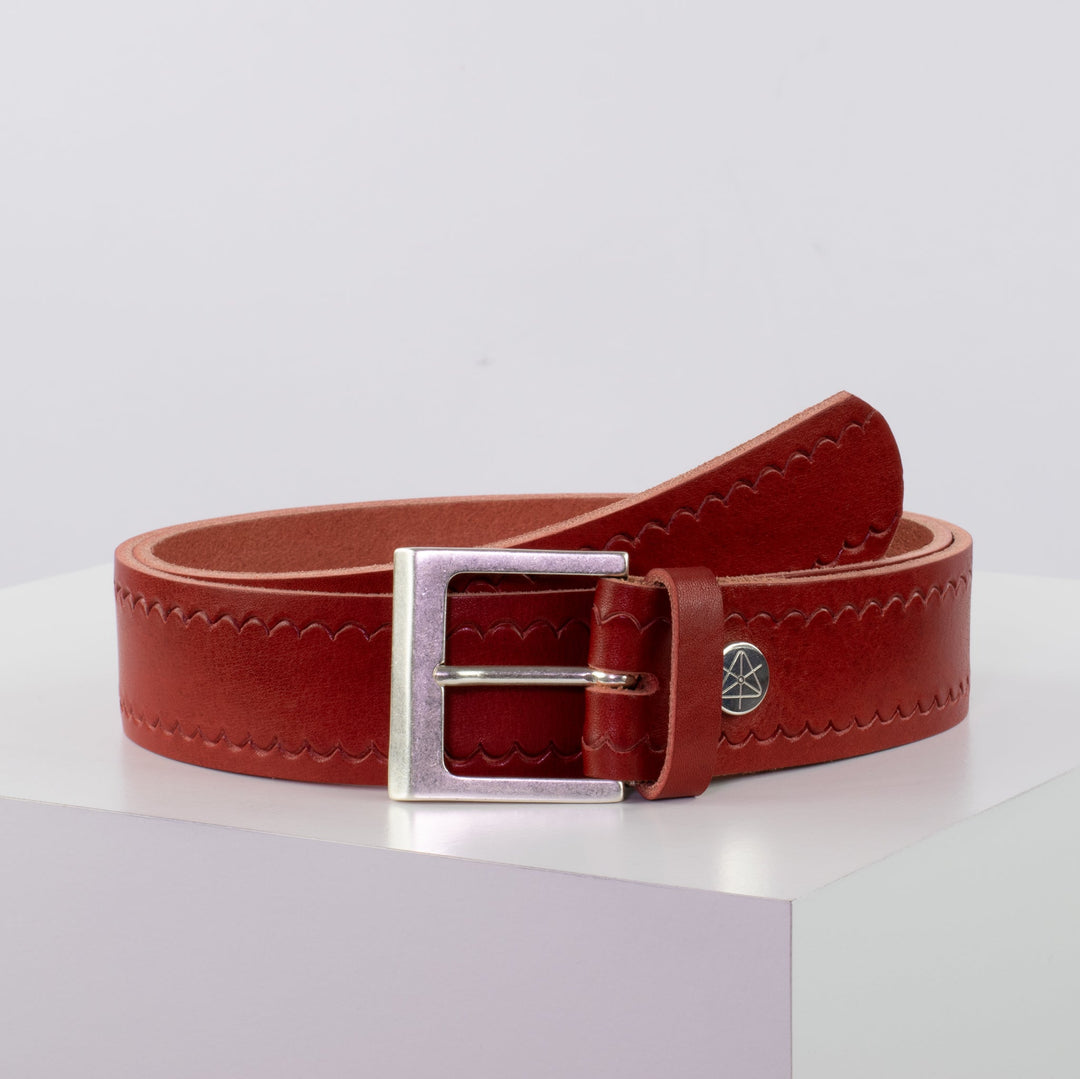 Ledergürtel 4cm mit Schnalle Graz silber matt rot kleine Welle