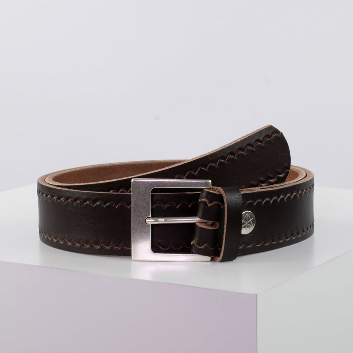 Ledergürtel 4cm mit Schnalle Odessa silber dunkelbraun kleine Welle
