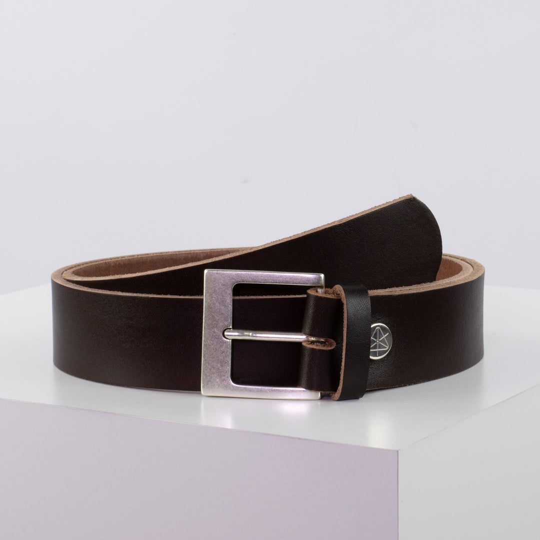 Ledergürtel 4cm mit Schnalle Odessa silber dunkelbraun ohne Muster