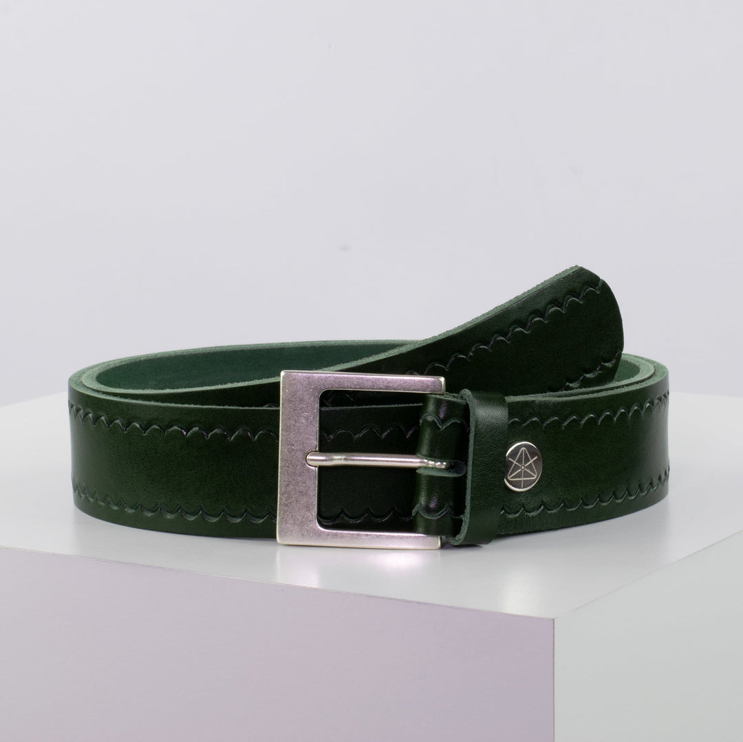 Ledergürtel 4cm mit Schnalle Odessa silber grün kleine Welle