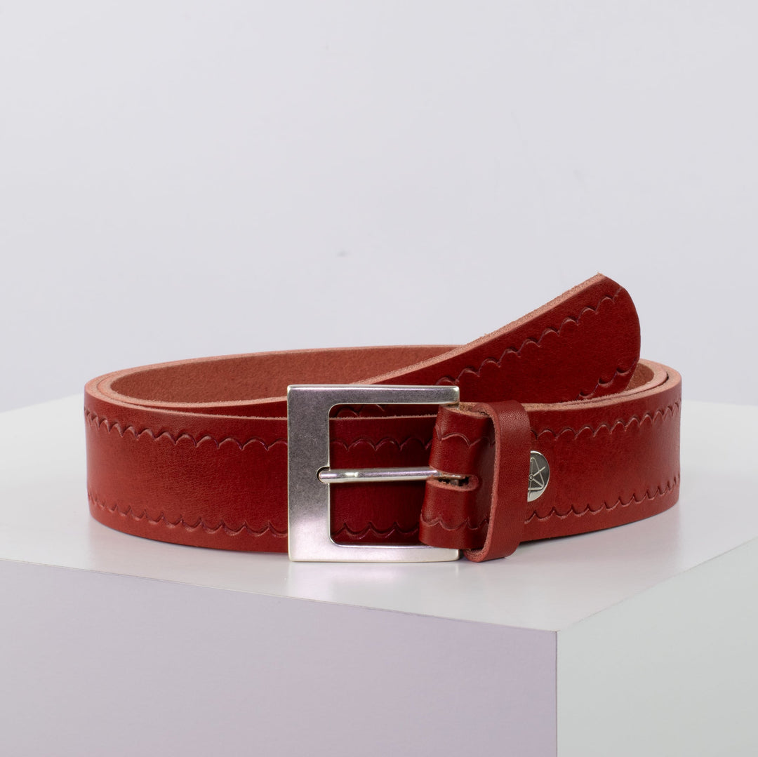Ledergürtel 4cm mit Schnalle Odessa silber rot kleine Welle