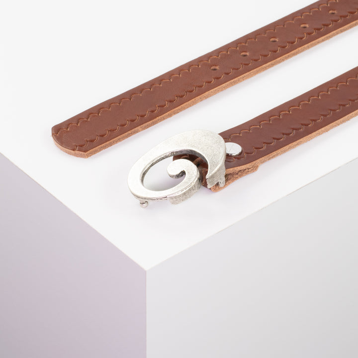 Ledergürtel 3cm mit Schnalle Schnecke silber matt cognac kleine Welle