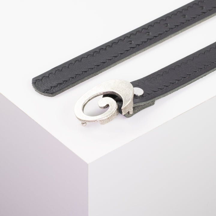 Ledergürtel 3cm mit Schnalle Schnecke silber matt schwarz kleine Welle