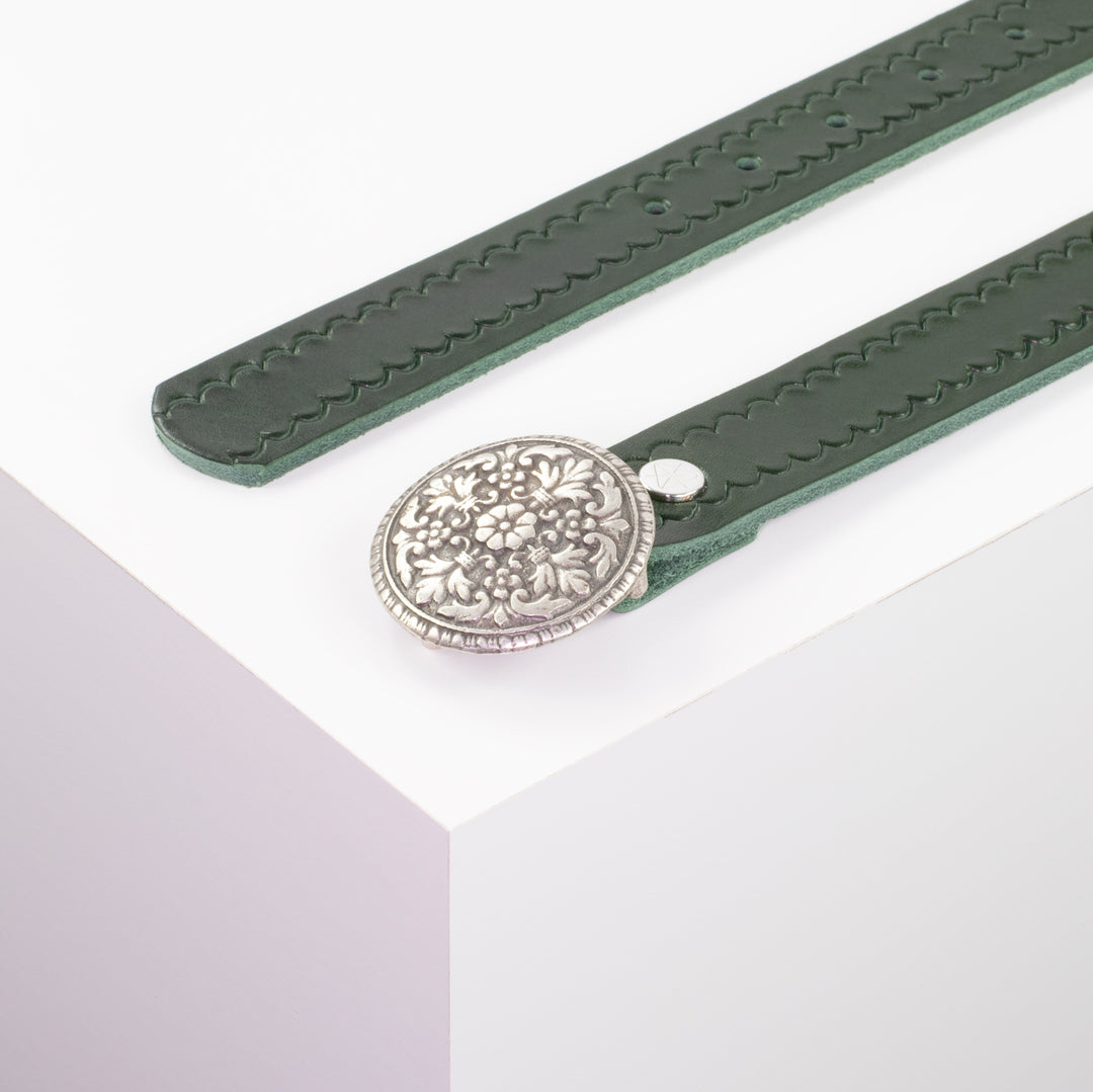 Ledergürtel 3cm mit Schnalle Montafon silber grün kleine Welle