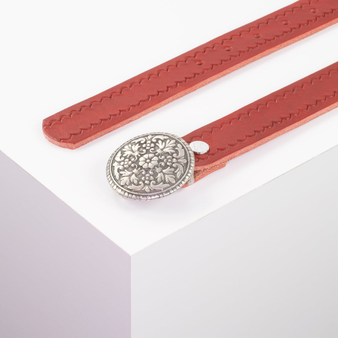 Ledergürtel 3cm mit Schnalle Montafon silber rot kleine Welle