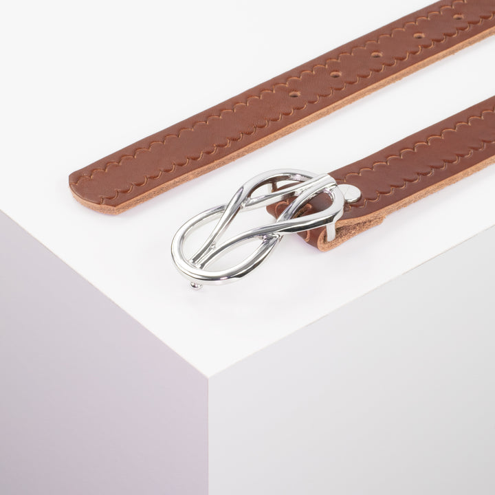 Ledergürtel 3cm mit Schnalle Havanna silber glänzend cognac kleine Welle