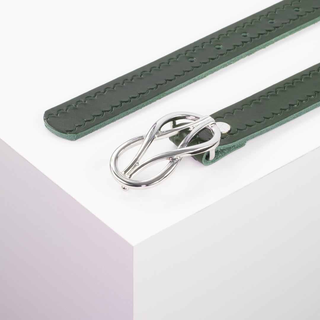 Ledergürtel 3cm mit Schnalle Havanna silber glänzend grün kleine Welle