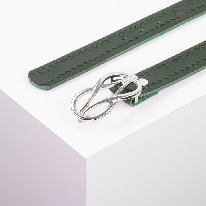 Ledergürtel 3cm mit Schnalle Havanna silber glänzend grün kleine Welle