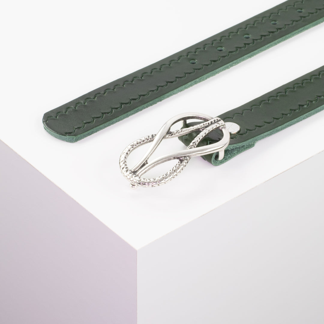 Ledergürtel 3cm mit Schnalle Havanna silber matt grün kleine Welle