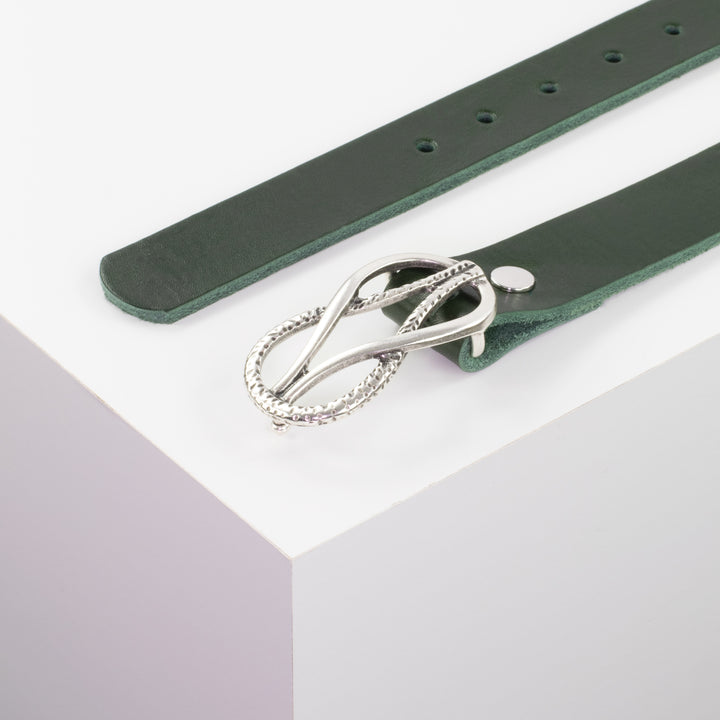 Ledergürtel 3cm mit Schnalle Havanna silber matt grün ohne Muster