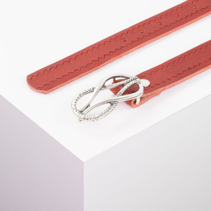 Ledergürtel 3cm mit Schnalle Havanna silber matt rot kleine Welle