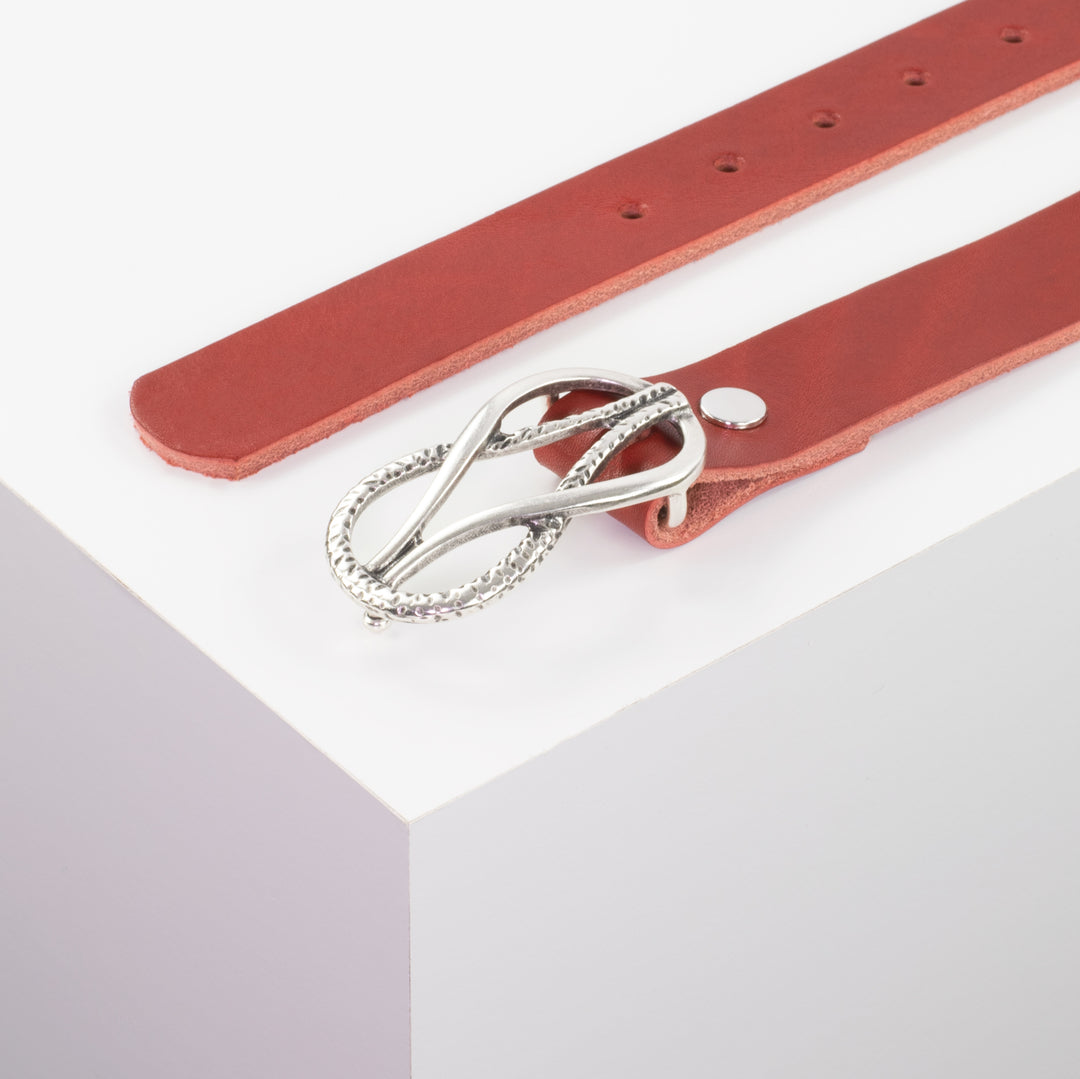 Ledergürtel 3cm mit Schnalle Havanna silber matt rot ohne Muster