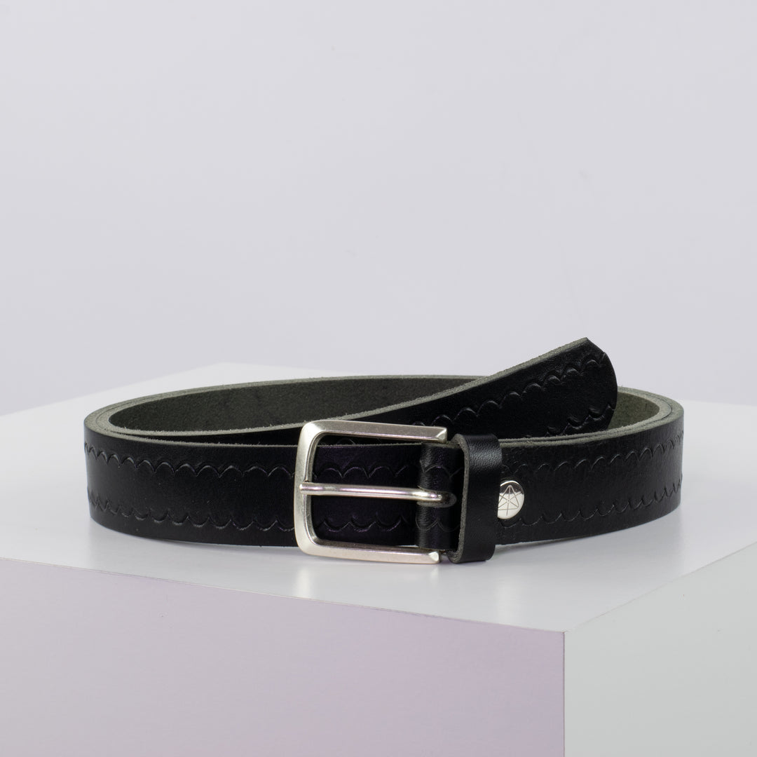 Ledergürtel 3cm mit Schnalle Perth silber schwarz kleine Welle