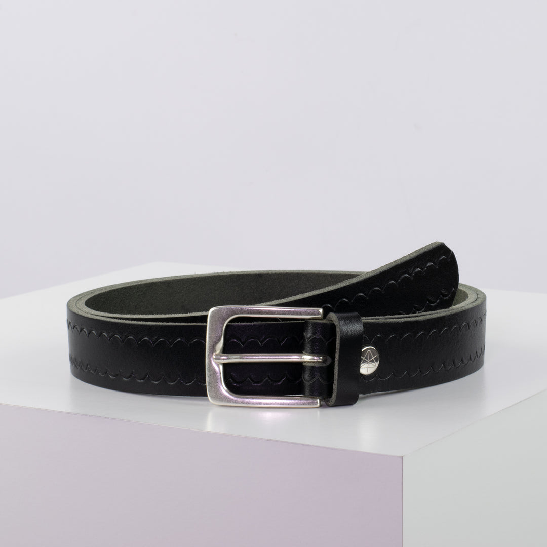 Ledergürtel 3cm mit Schnalle Caracas silber schwarz kleine Welle