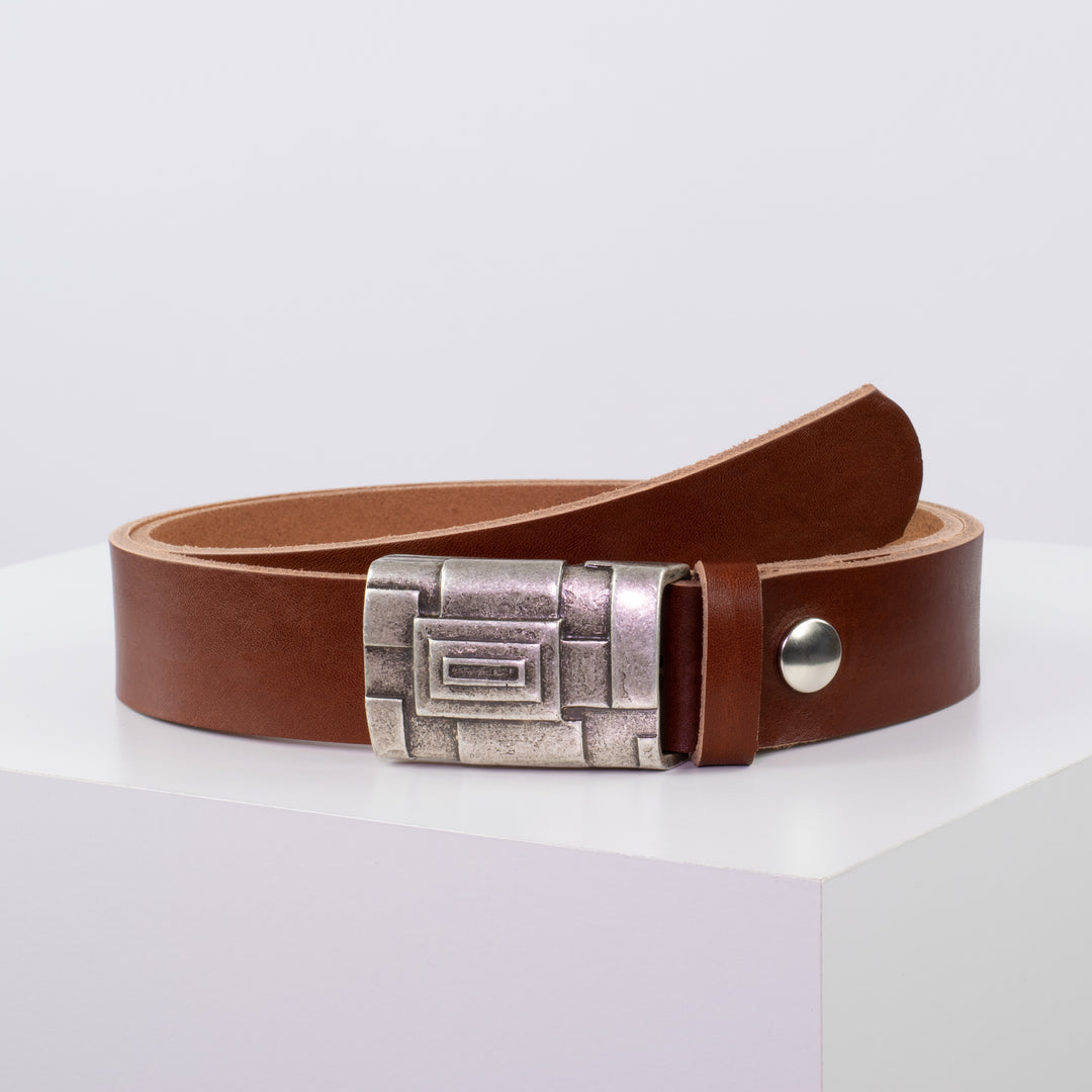 Ledergürtel 3,5cm mit Schnalle Athen silber cognac ohne Muster