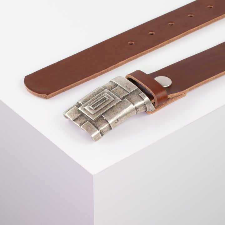 Ledergürtel 3,5cm mit Schnalle Athen silber cognac ohne Muster