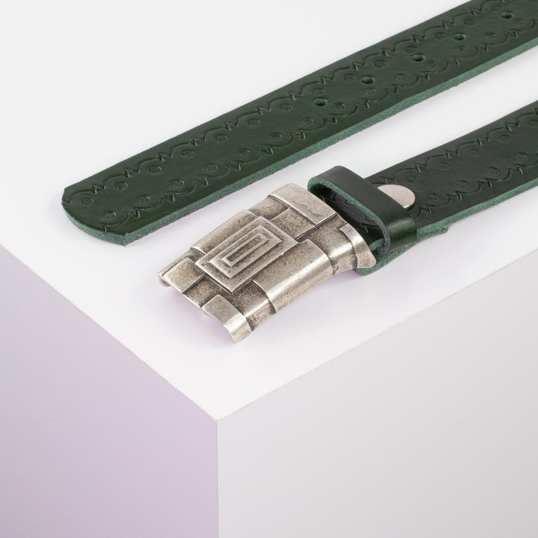 Ledergürtel 3,5cm mit Schnalle Athen silber grün Lochwelle