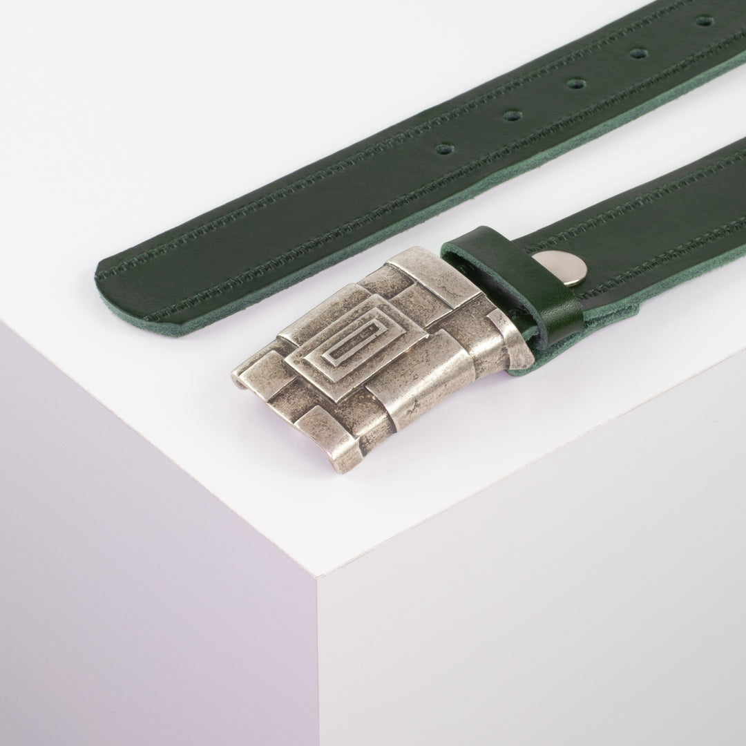 Ledergürtel 3,5cm mit Schnalle Athen silber grün Reißverschluss