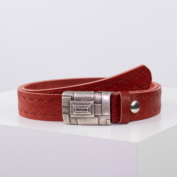 Ledergürtel 3,5cm mit Schnalle Athen silber rot Lochwelle