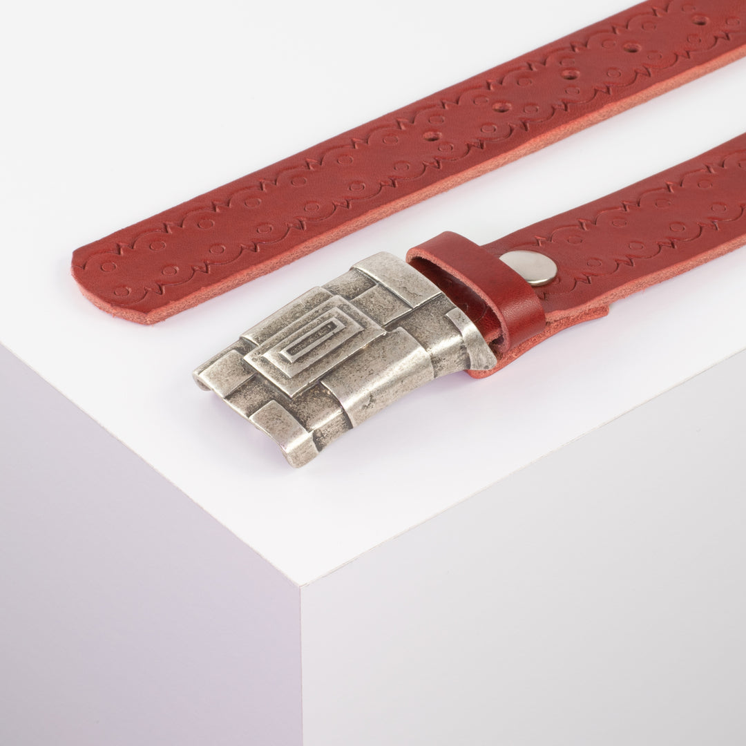 Ledergürtel 3,5cm mit Schnalle Athen silber rot Lochwelle