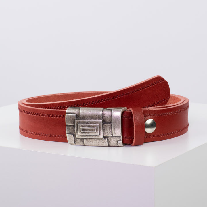 Ledergürtel 3,5cm mit Schnalle Athen silber rot Reißverschluss