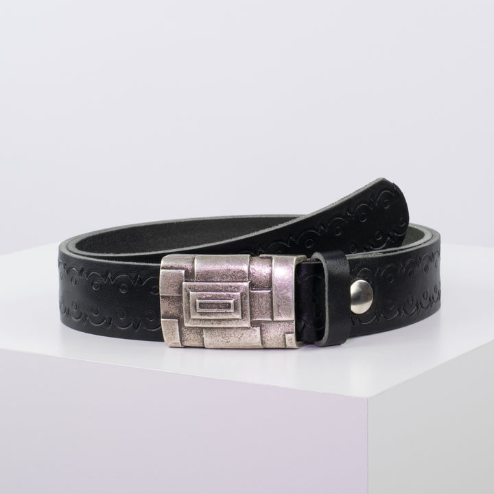 Ledergürtel 3,5cm mit Schnalle Athen silber schwarz Lochwelle