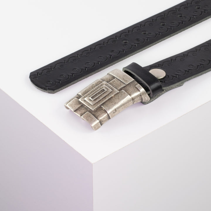 Ledergürtel 3,5cm mit Schnalle Athen silber schwarz Lochwelle