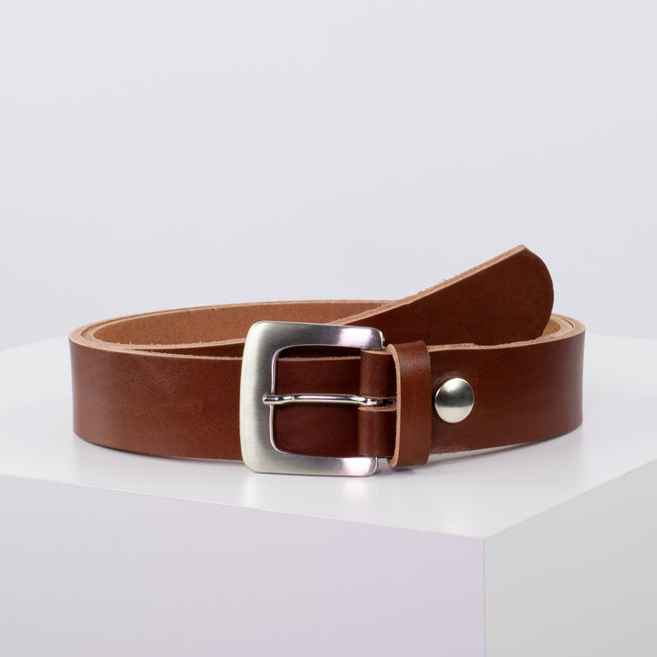 Ledergürtel 3,5cm mit Schnalle Madrid silber glänzend cognac ohne Muster