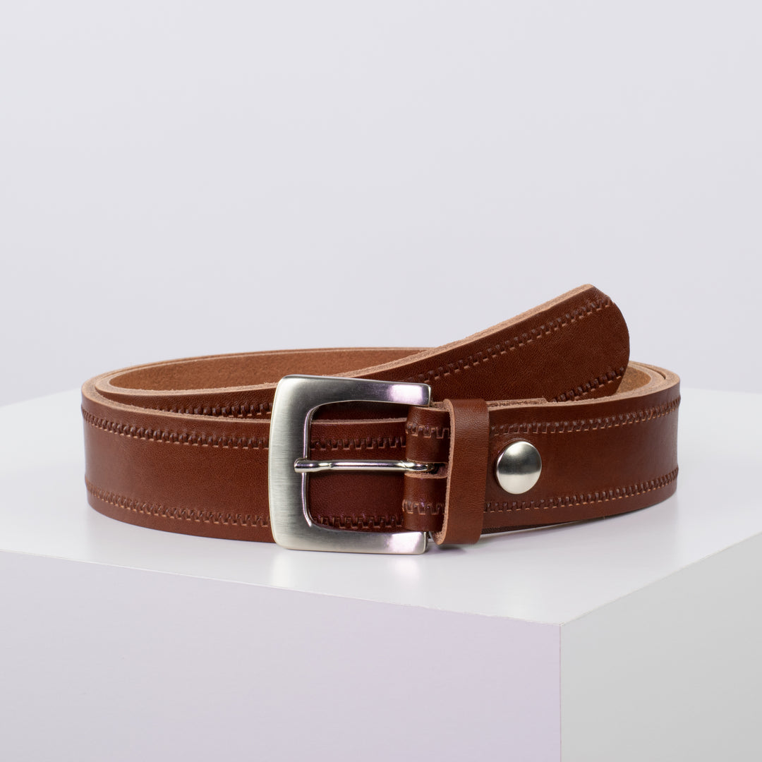 Ledergürtel 3,5cm mit Schnalle Madrid silber glänzend cognac Reißverschluss