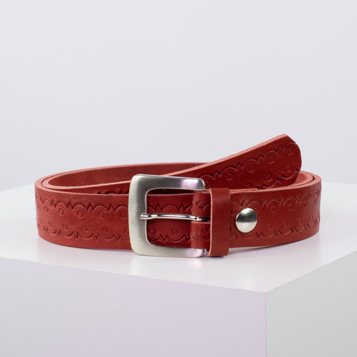 Ledergürtel 3,5cm mit Schnalle Madrid silber glänzend rot Lochwelle