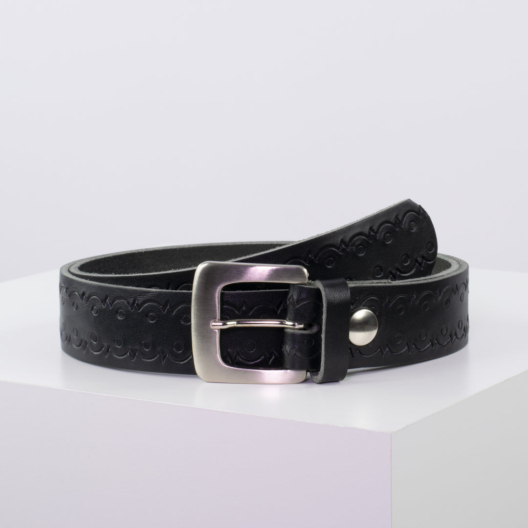 Ledergürtel 3,5cm mit Schnalle Madrid silber glänzend schwarz Lochwelle