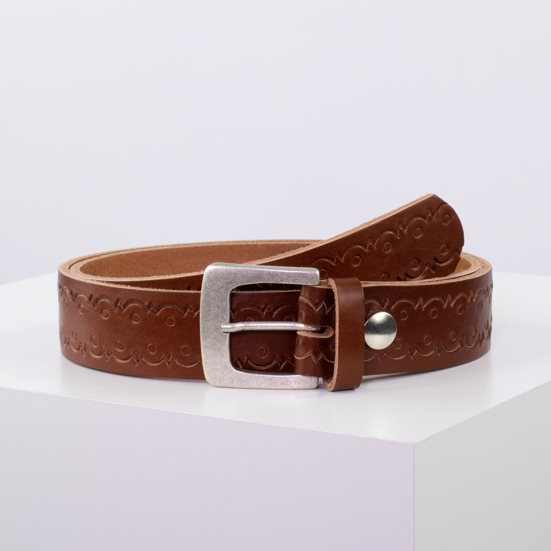 Ledergürtel 3,5cm mit Schnalle Madrid silber matt cognac Lochwelle