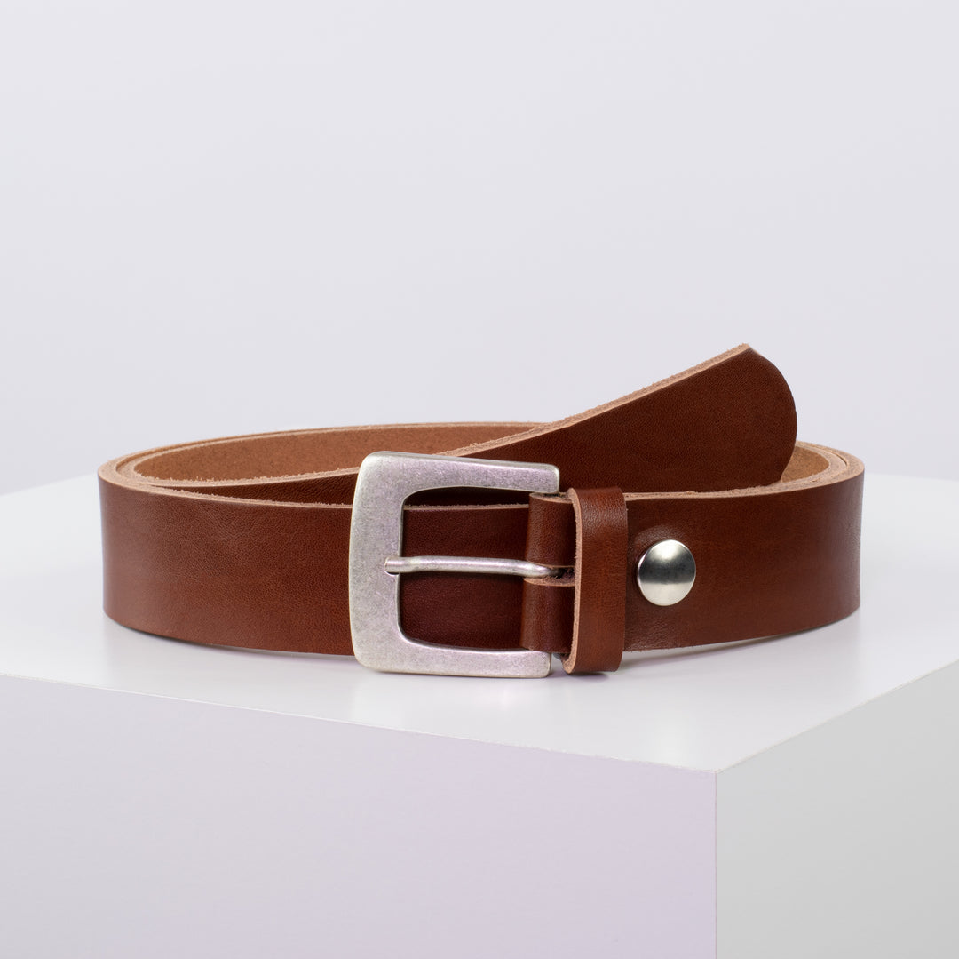 Ledergürtel 3,5cm mit Schnalle Madrid silber matt cognac ohne Muster