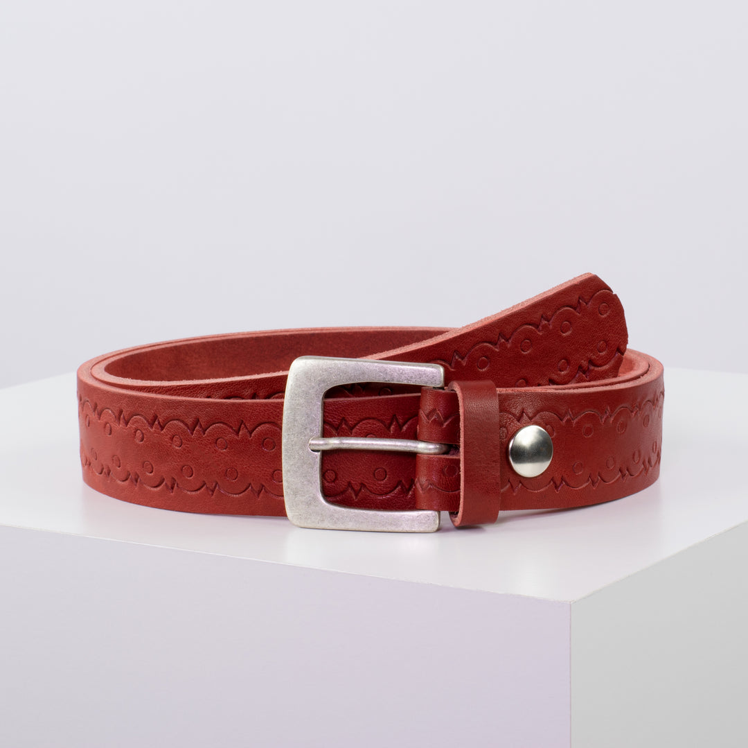 Ledergürtel 3,5cm mit Schnalle Madrid silber matt rot Lochwelle
