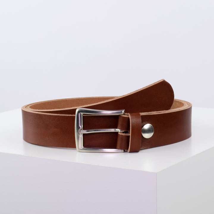 Ledergürtel 3,5cm mit Schnalle Toronto silber cognac ohne Muster