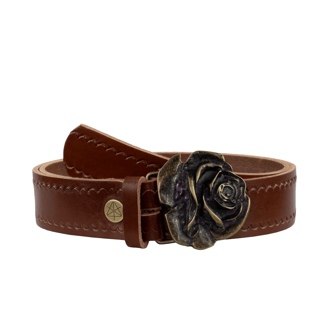 Ledergürtel 4cm mit Schnalle Rose messing cognac kleine Welle