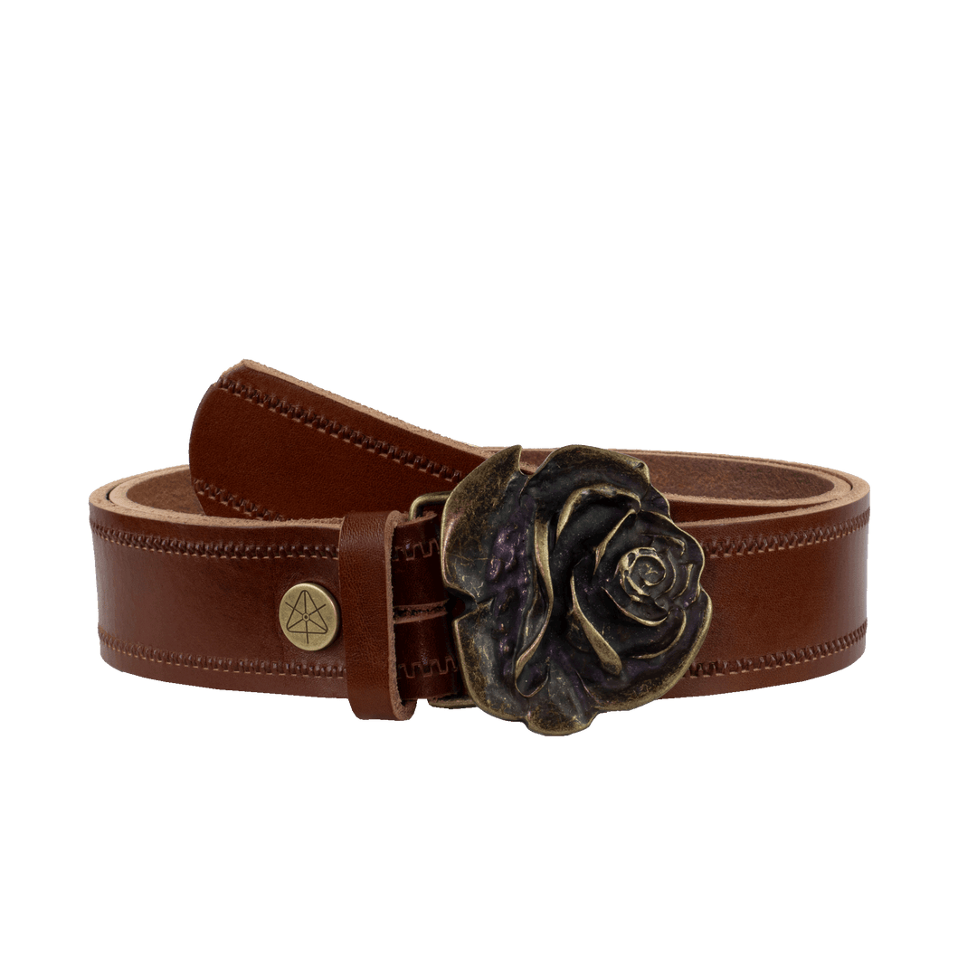 Ledergürtel 4cm mit Schnalle Rose messing cognac Reißverschluss