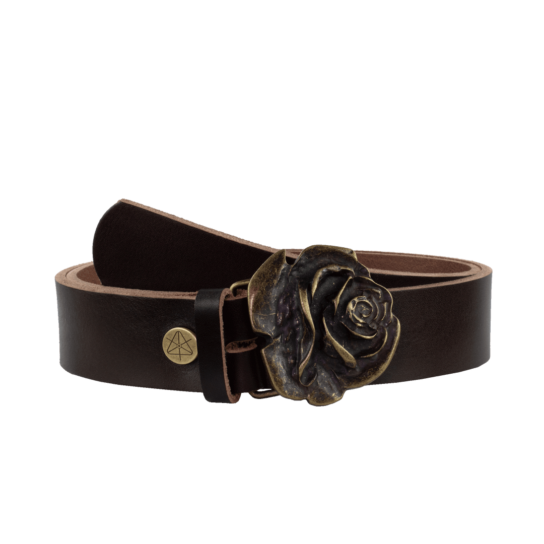 Ledergürtel 4cm mit Schnalle Rose messing dunkelbraun ohne Muster