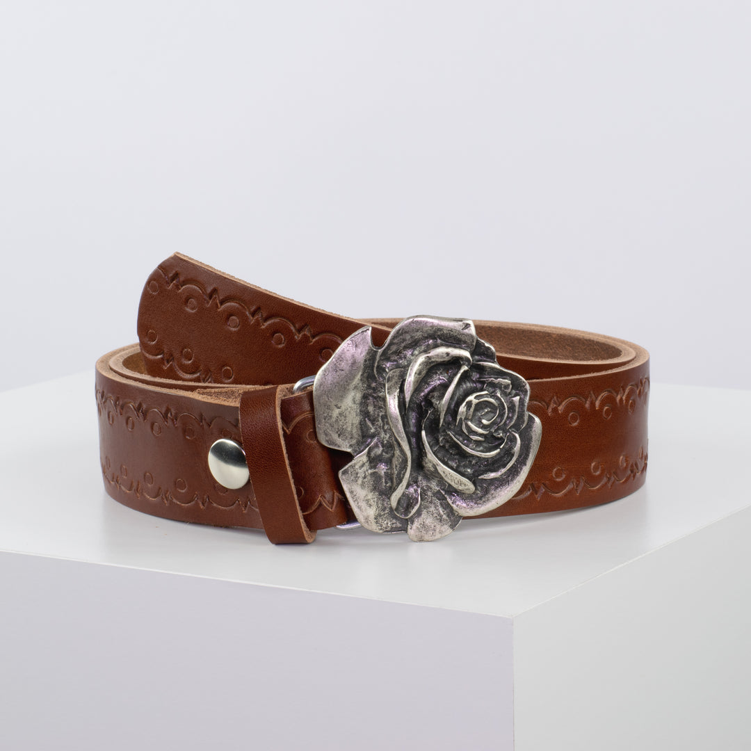 Ledergürtel 4cm mit Schnalle Rose cognac Lochwelle