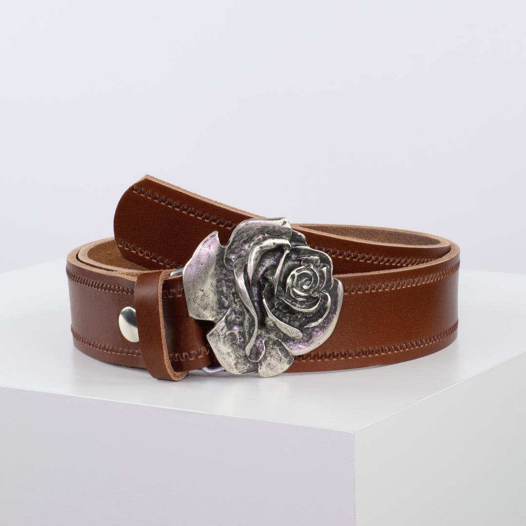Ledergürtel 4cm mit Schnalle Rose cognac Reißverschluss
