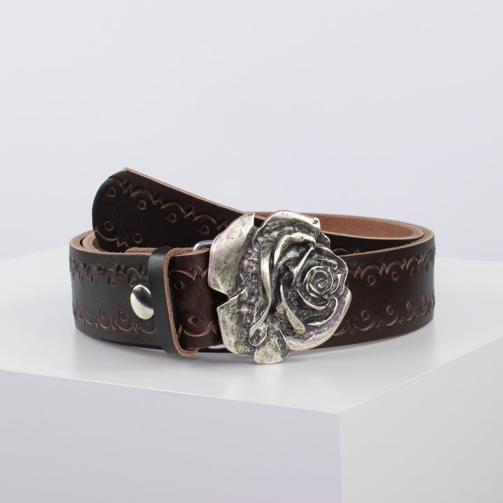 Ledergürtel 4cm mit Schnalle Rose dunkelbraun Lochwelle