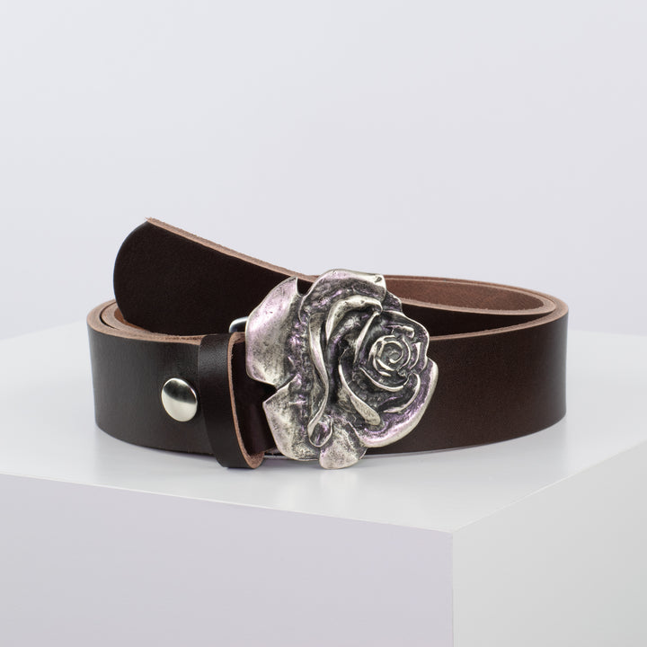 Ledergürtel 4cm mit Schnalle Rose dunkelbraun ohne Muster